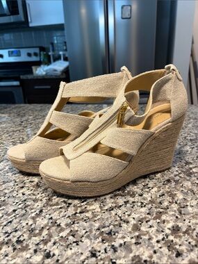 Michael Kors Beige Espadrille Wedge Sandals with Front Zip